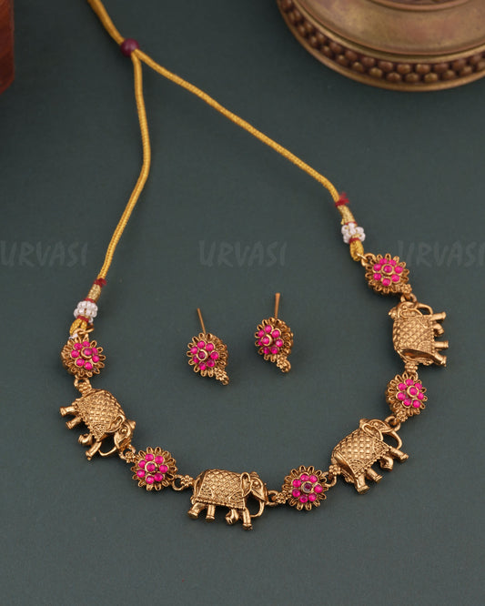 Gold-Floral Elephant Sufi  Choker Necklace 1742