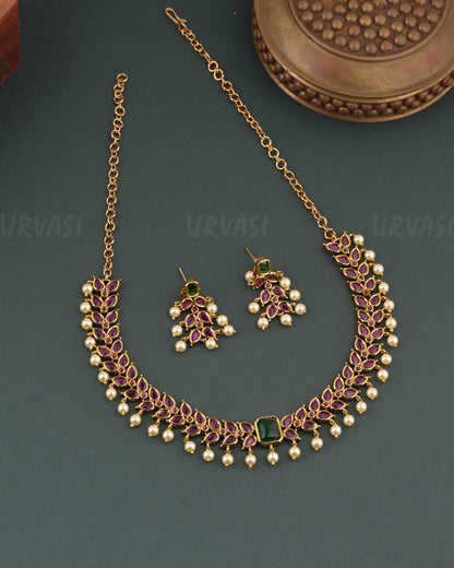 Mehendi Polish Leaf- Motif Pearl Drops  Necklace  1754