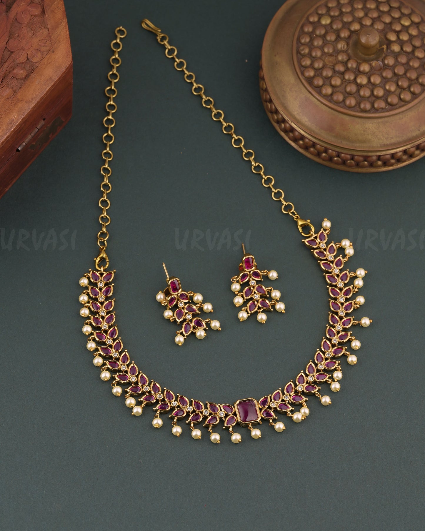 Mehendi Polish Leaf- Motif Pearl Drops  Necklace  1754