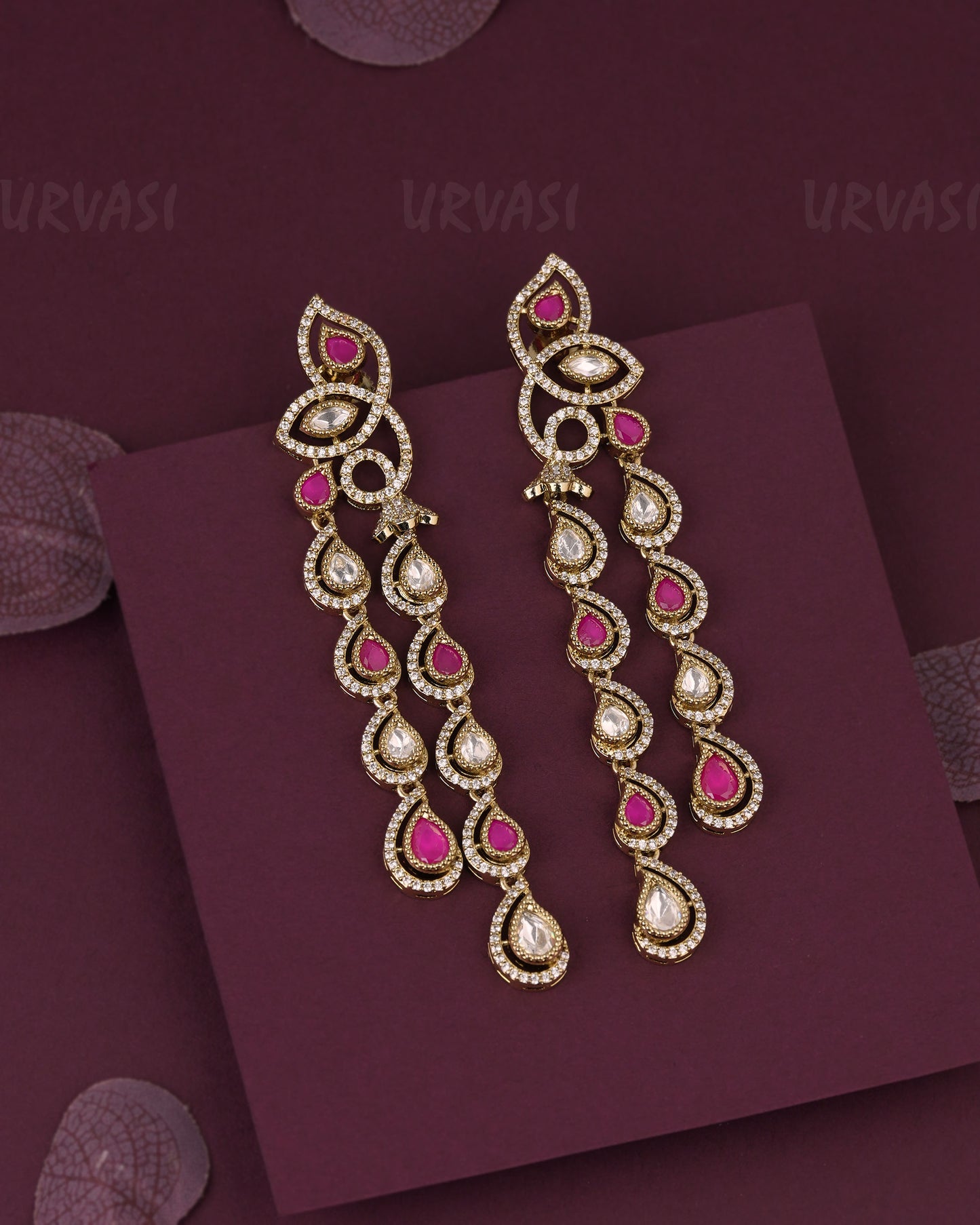 Gold- Kundan Polki Long Drop  AD Earring ER 1162