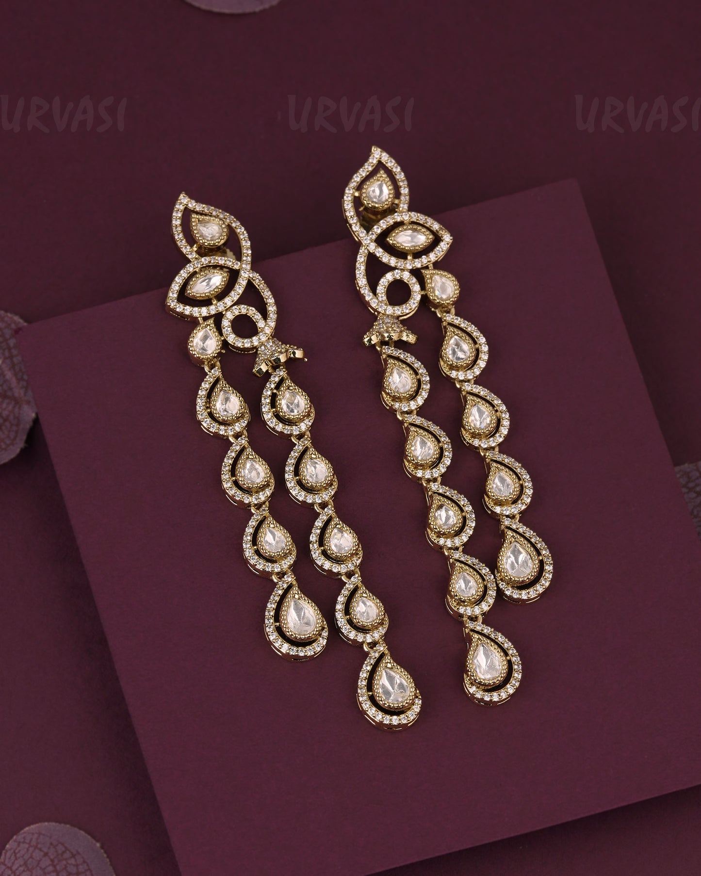 Gold- Kundan Polki Long Drop  AD Earring ER 1162