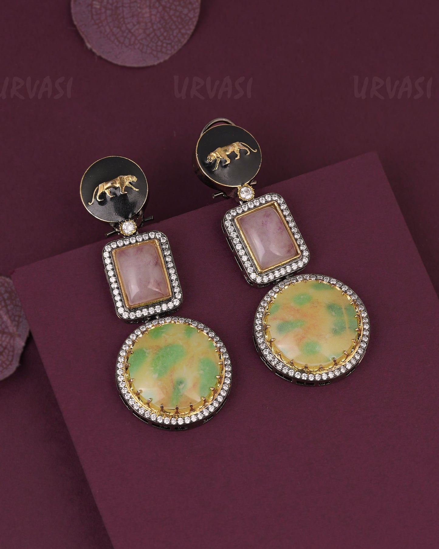 Silver-Tiger  Motif Multi-Stone Drop Earring ER 1178
