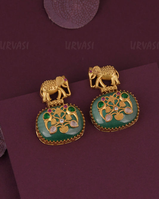 Gold-Toned Elephant Motif Atop Green Stone Earring  ER 1238