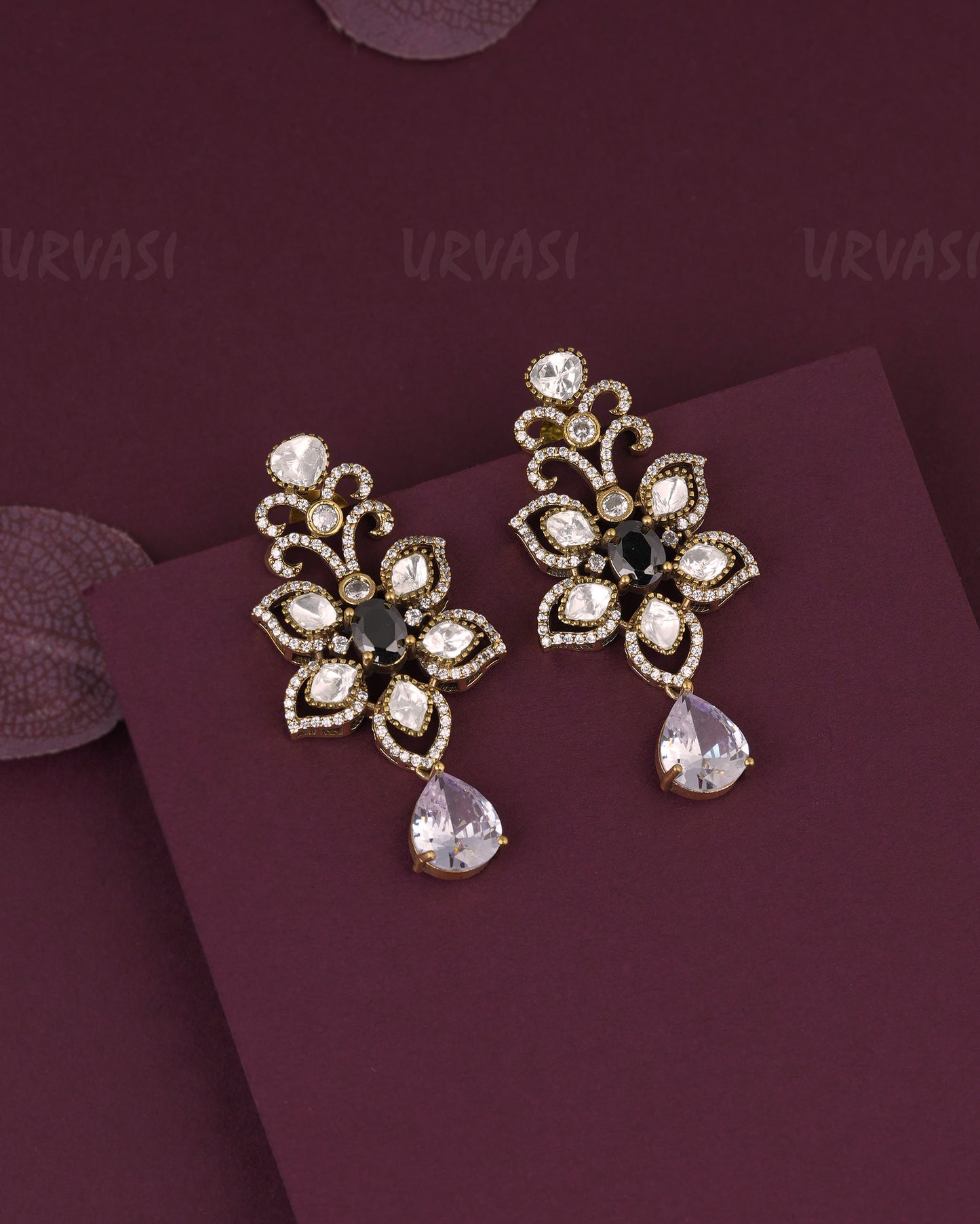 Gold-Floral Stone Drop Earring ER 1183