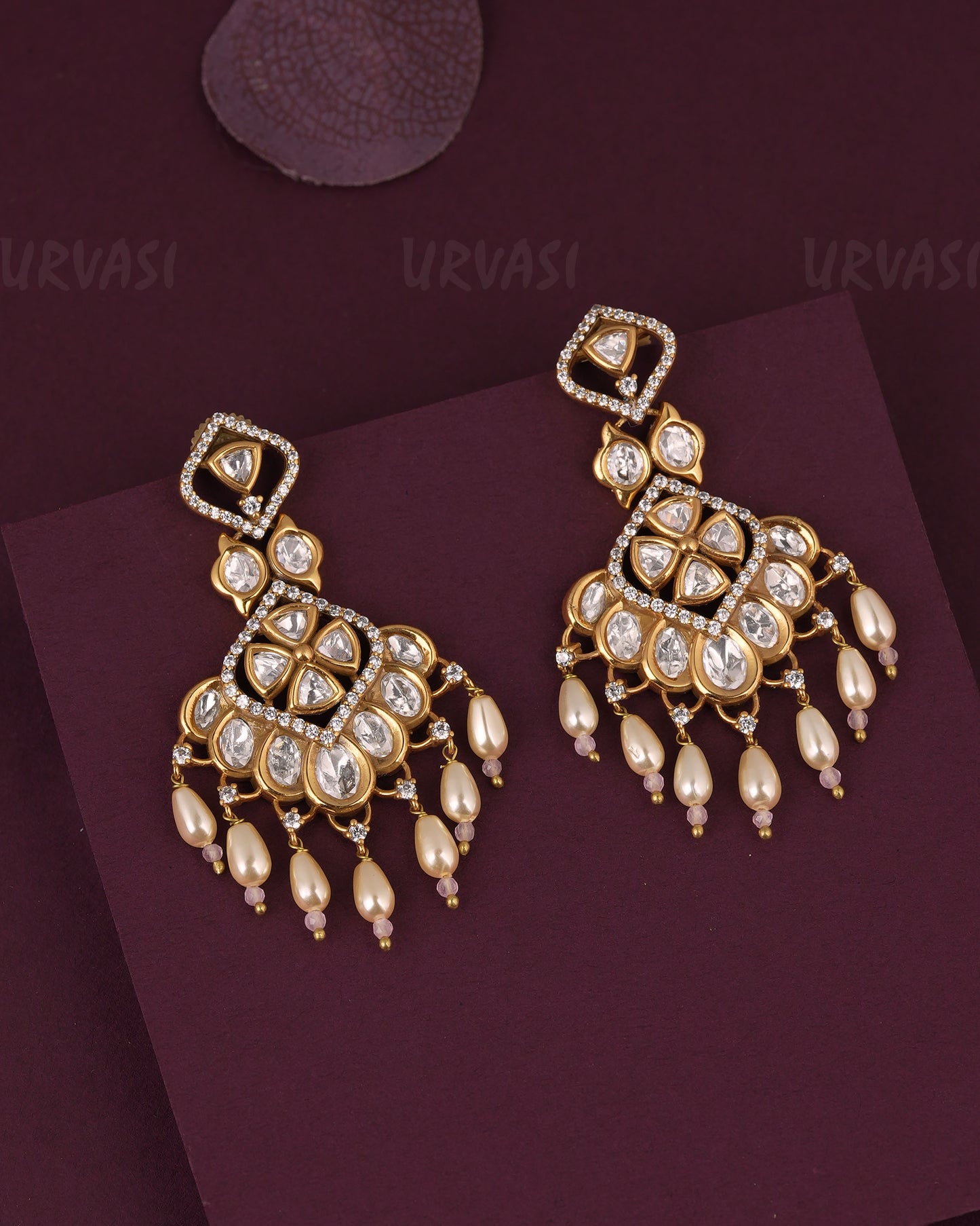 Gold-Floral Chandbali Designed Bead Hanging AD  Earring ER 1153