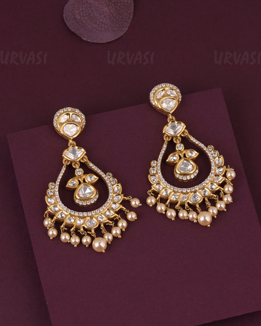Gold-Toned  Chandbali  Designed Bead  Hanging  AD Earring ER 1153