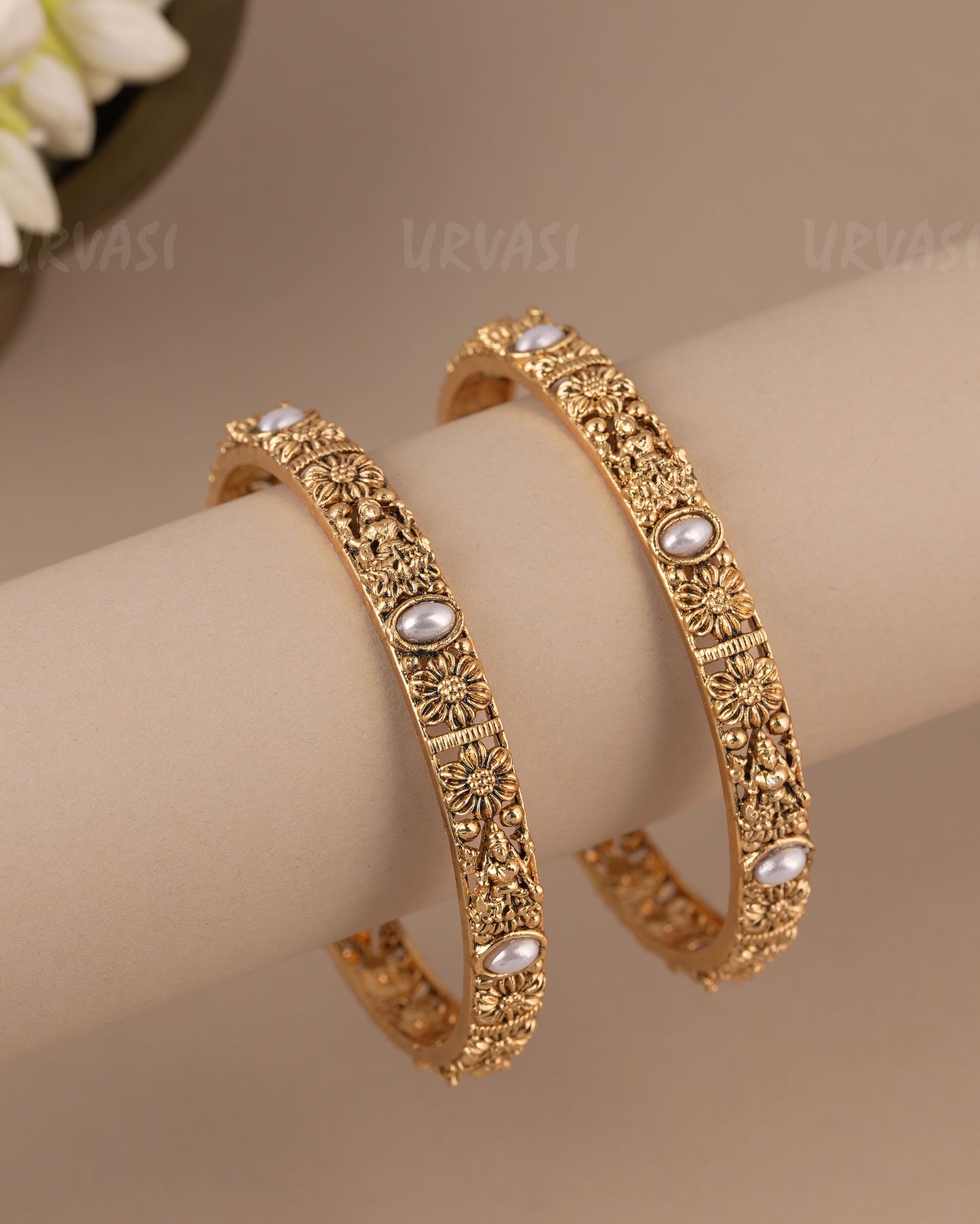 Gold-Toned Floral  Traditional Lakshmi Pearl Bangles(Set Of Two)  BA  487