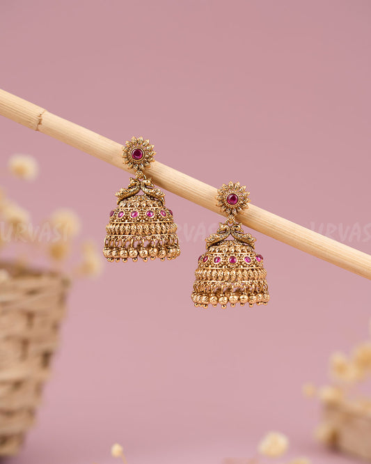 Gold-Toned Peacock Motif Ruby Jhumka Earrings ER 568