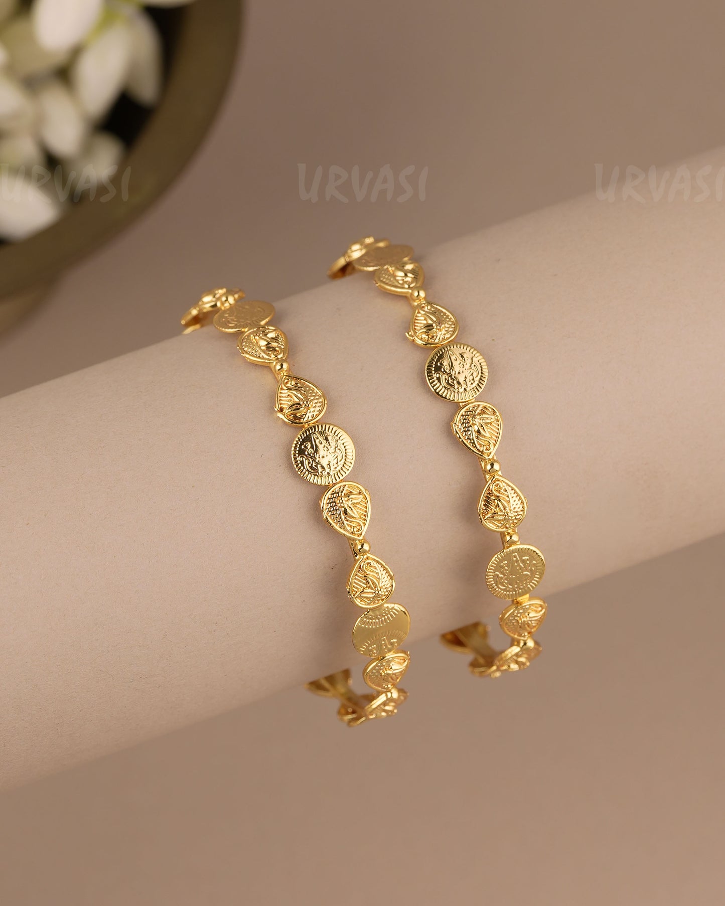 Gold-Toned Traditional  Lakshmi  Kaasu Bangles (Set of Two)  BA 518