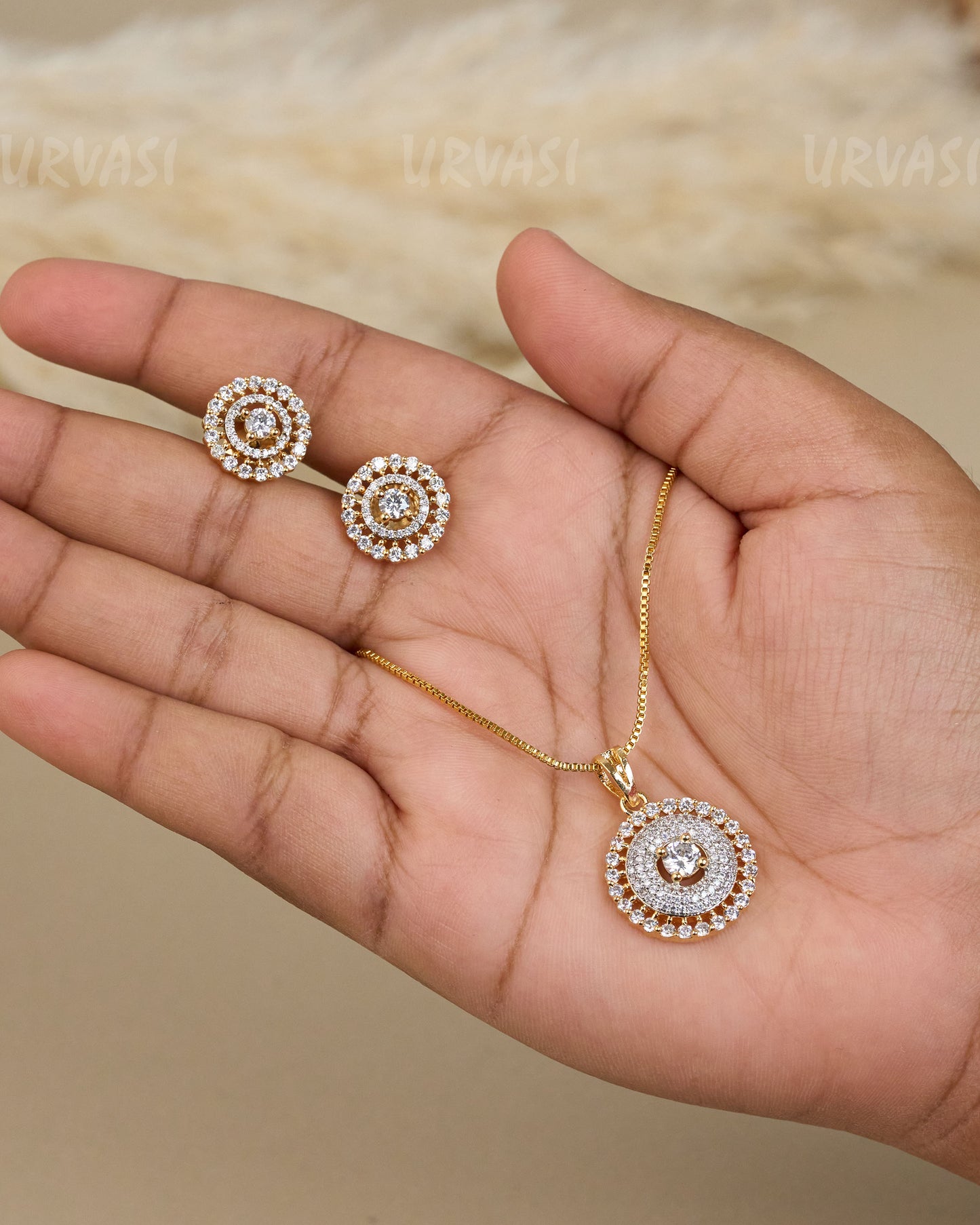 Gold-Toned Crystal Concentric Circle Pendant Set  PT 09
