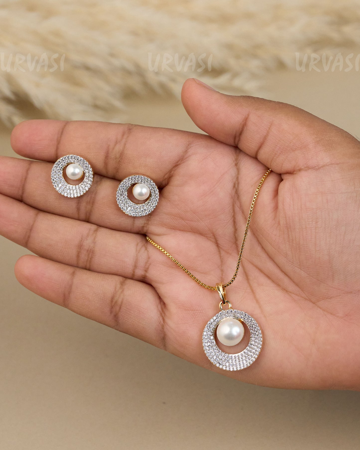 Gold-Toned  Pearl-Crystal Halo Pendant  Set  PN 03