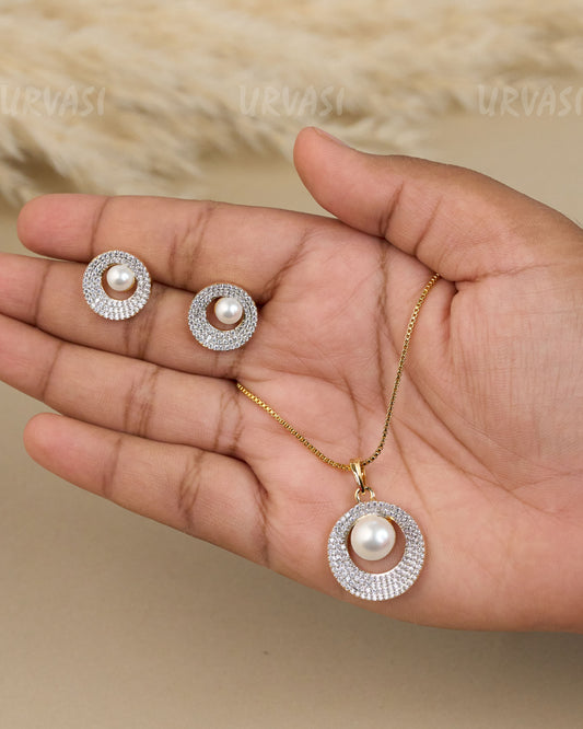 Gold-Toned  Pearl-Crystal Halo Pendant  Set  PN 03