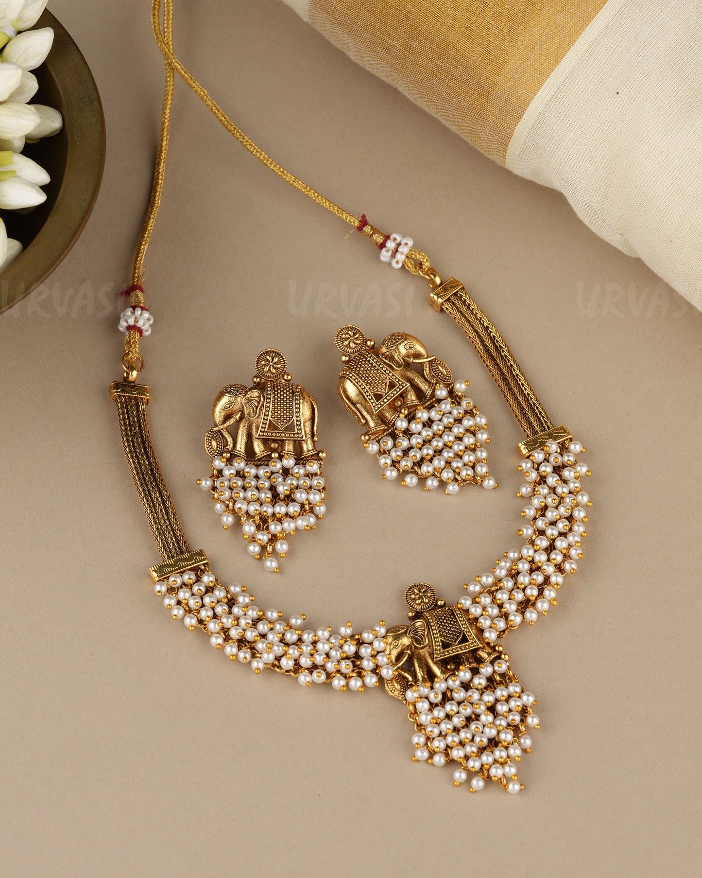 Gold-Toned   Elephant Pearl Beaded Necklace 1846