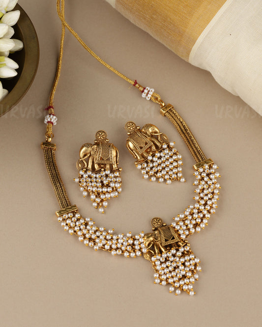 Gold-Toned   Elephant Pearl Beaded Necklace 1846