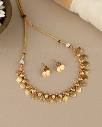 Gold-Toned Traditional  Lakshmi Kaasu Necklace 1843