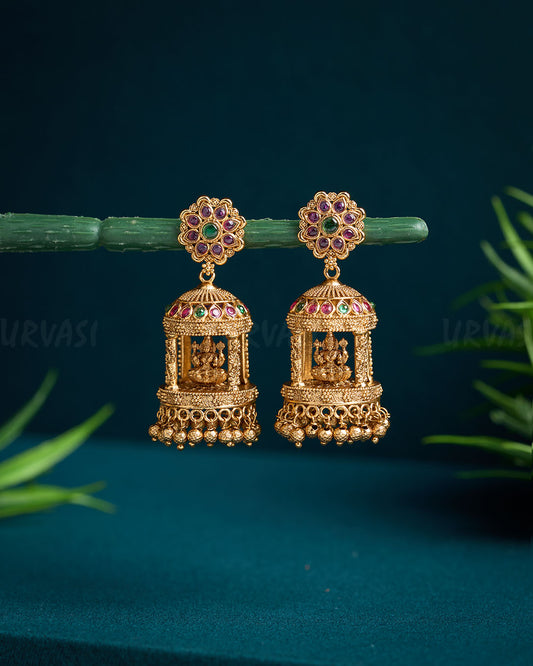 Gold-Toned Temple Floral Jhumka Earrings ER 619