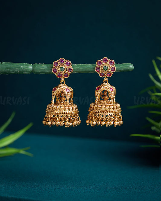 Gold-Toned Temple Floral Jhumka Earrings with Ruby & Green Accents ER 620