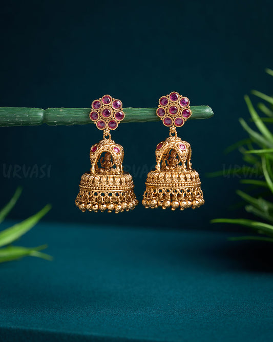 Gold-Toned Temple Floral Jhumka Earrings with Ruby Earrings ER 621