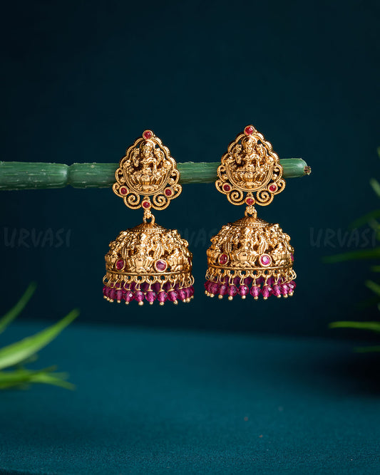 Gold-Toned Lakshmi Idol Ruby Jhumka Earrings ER 632