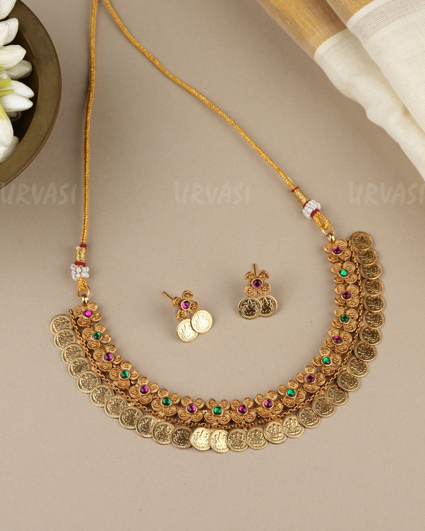 Gold-Toned Floral  Traditional Lakshmi Kaasu Necklace  1856