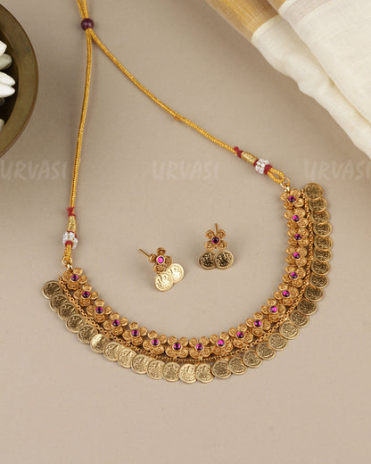Gold-Toned Floral  Traditional Lakshmi Kaasu Necklace  1856