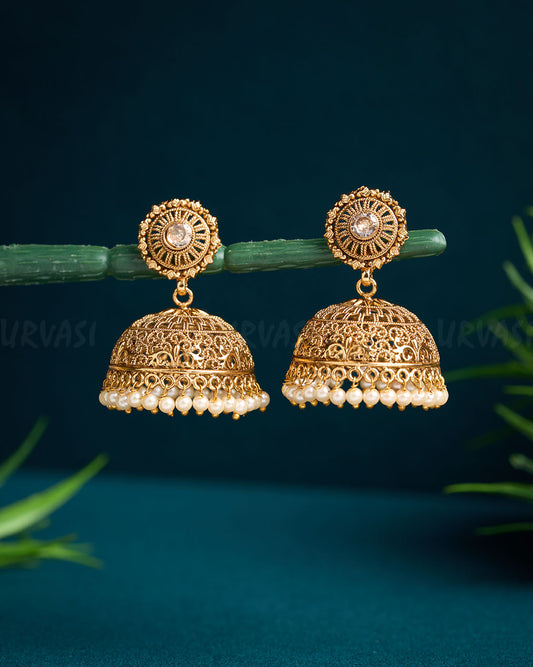 Gold-Toned White Stone Jhumka Earrings ER 626