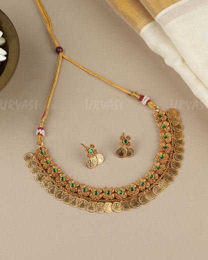 Gold-Toned Floral  Traditional Lakshmi Kaasu Necklace  1856