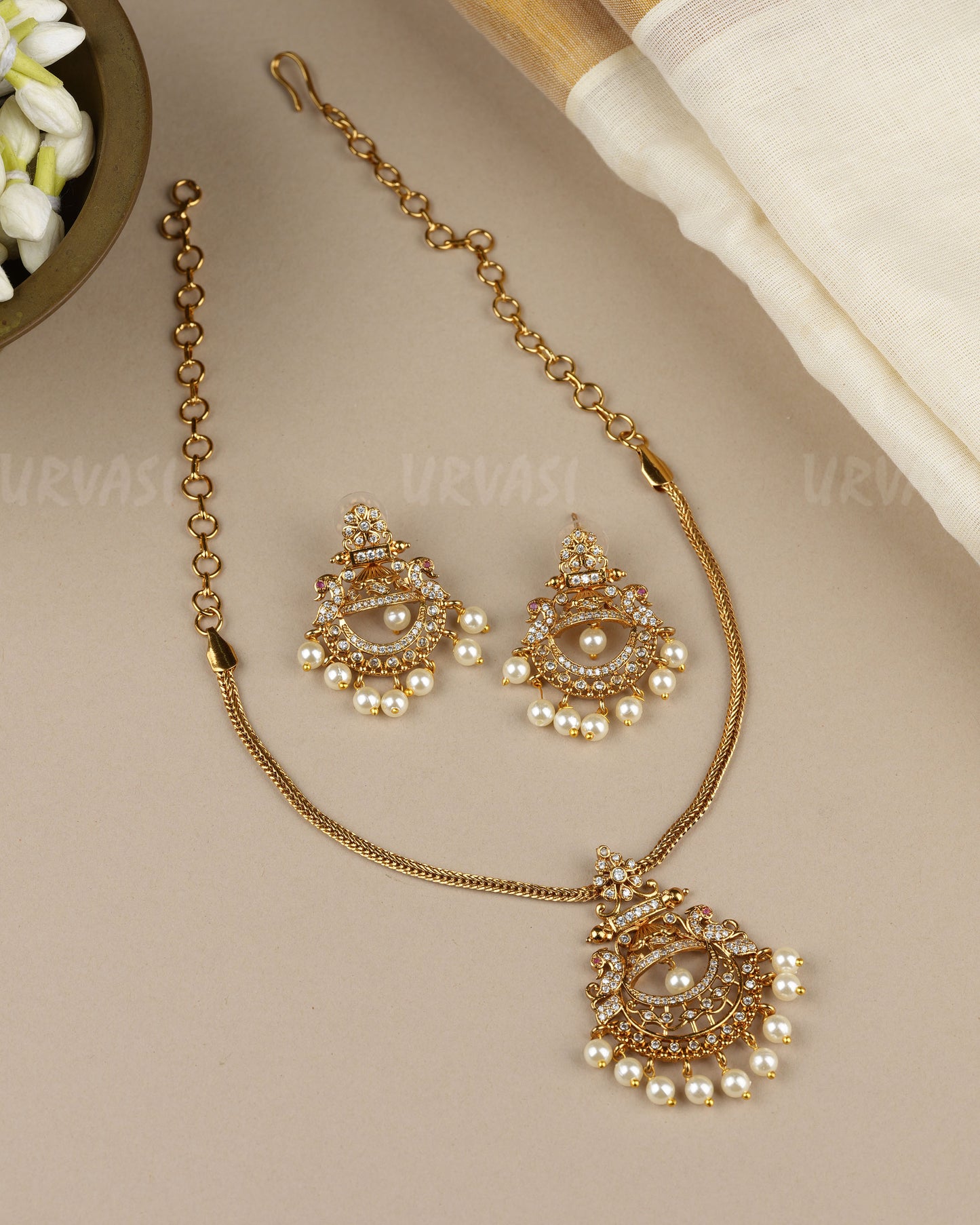 Gold-Toned  Floral Peacock Pearl-Drop Necklace 1861