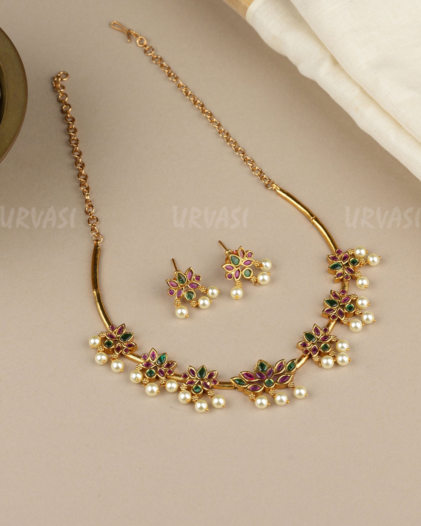 Gold-Toned Traditional Lotus Motif  Necklace 1865