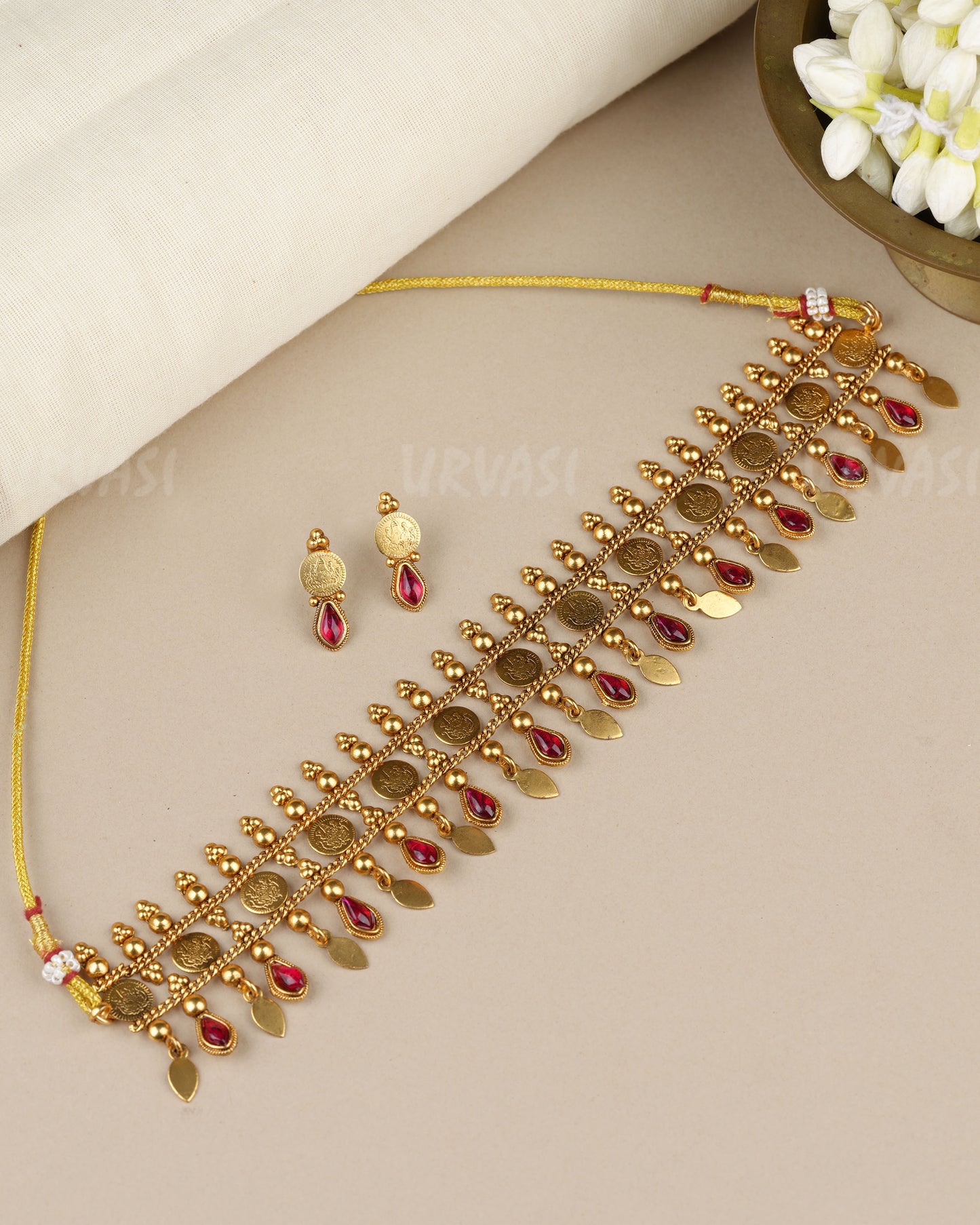Gold-Toned Traditional  Lakshmi  Kaasu Ilakkathali Choker Necklace  1851