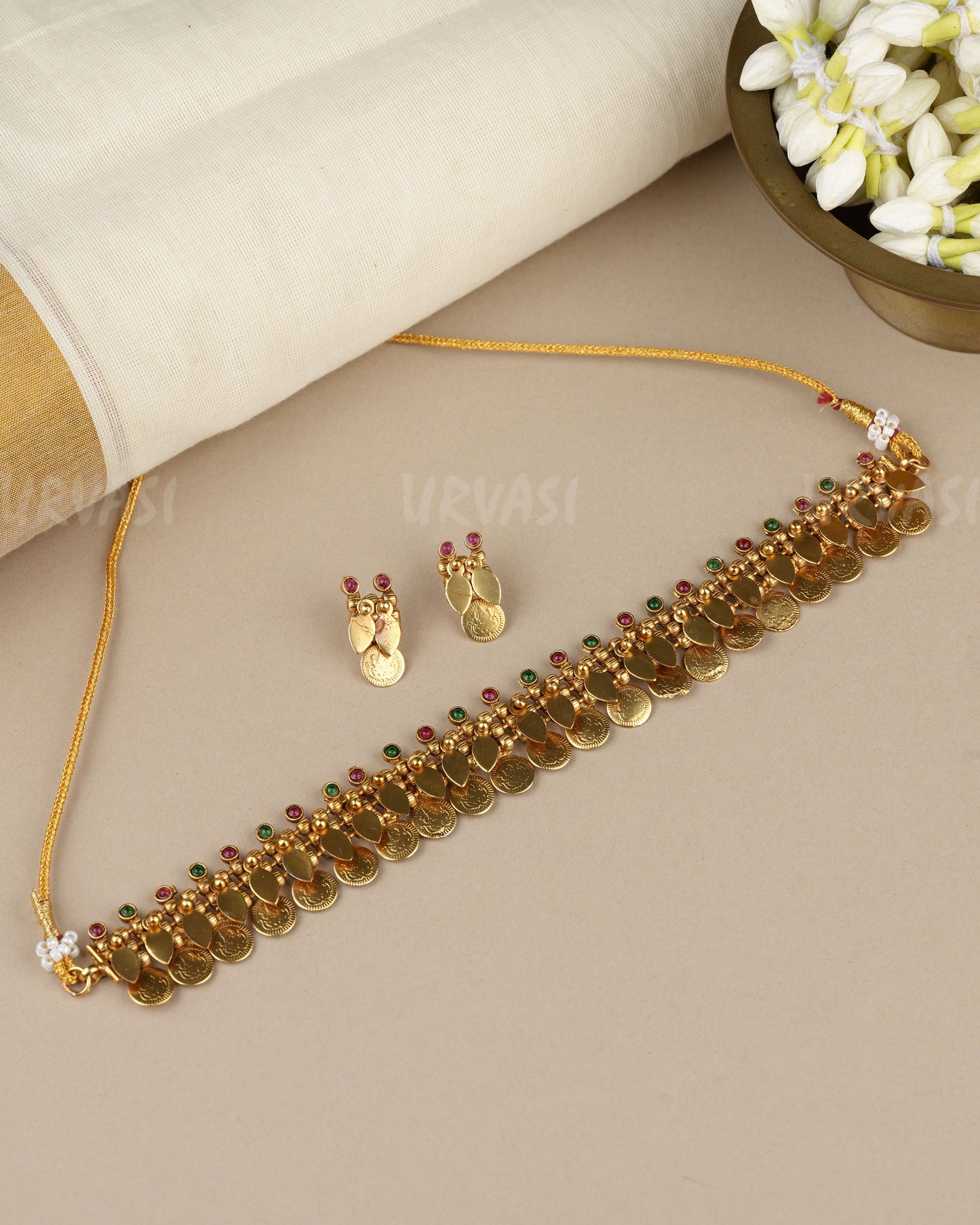 Gold-Toned Traditional Lakshmi Kaasu Ilakkathali Choker Necklace 1852