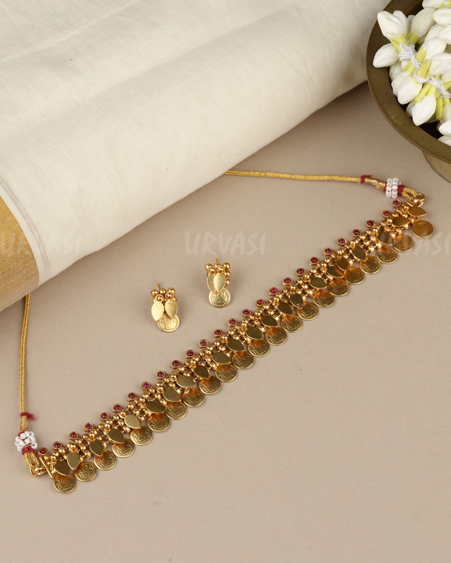 Gold-Toned Traditional Lakshmi Kaasu Ilakkathali Choker Necklace 1852