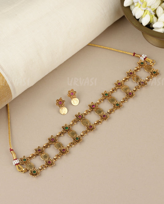Gold-Toned Floral  Lakshmi Kaasu Choker Necklace 1853