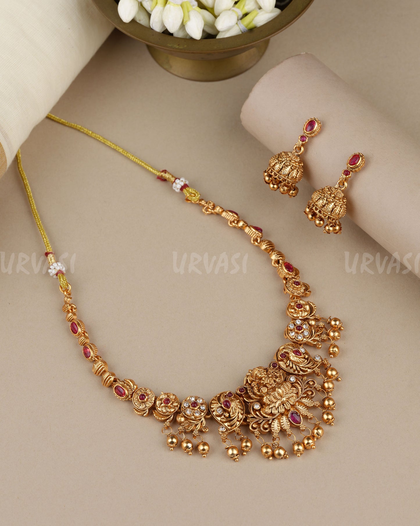 Gold-Toned Traditional Lakshmi Peacock Necklace 1869