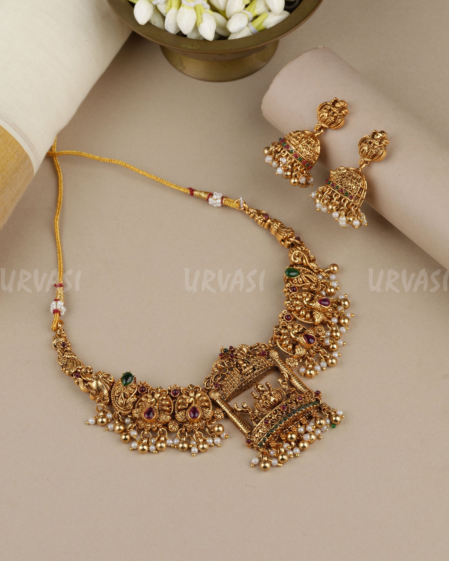 Gold-Toned Traditional  Lakshmi Peacock Temple Necklace 1870