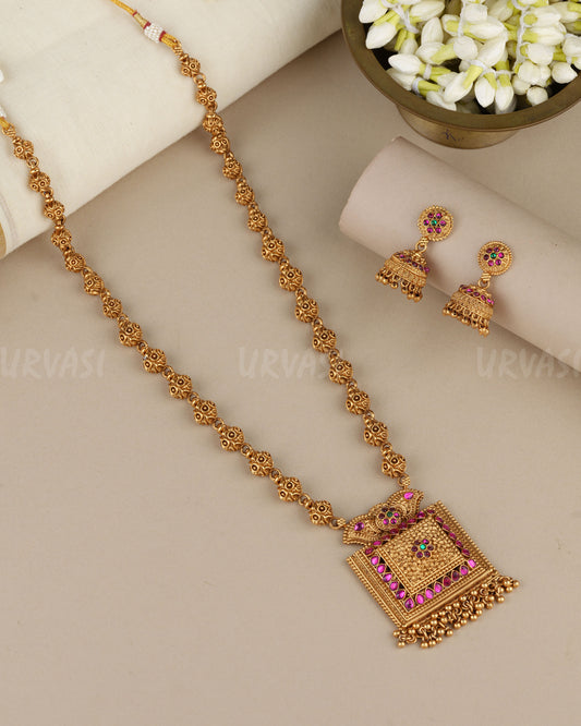 Gold-Toned Floral Square Pendent Long Necklace  1900