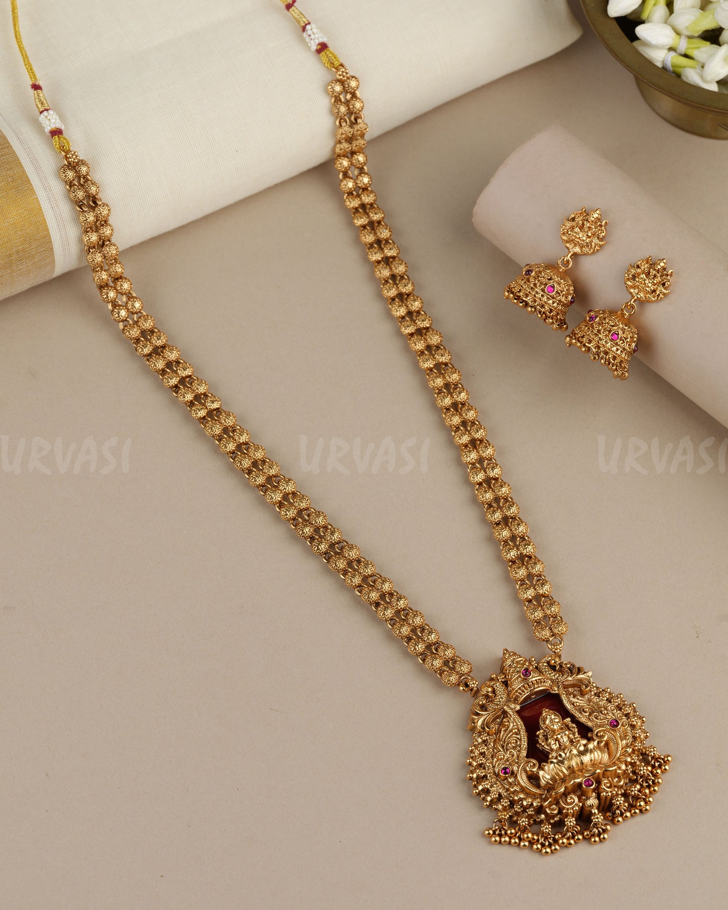 Gold-Toned Traditional Lakshmi Peacock Pendant Long Necklace 1896