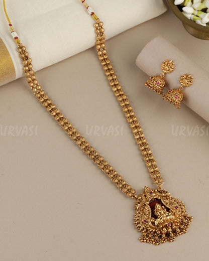 Gold-Toned Traditional Lakshmi Peacock Pendant Long Necklace 1896