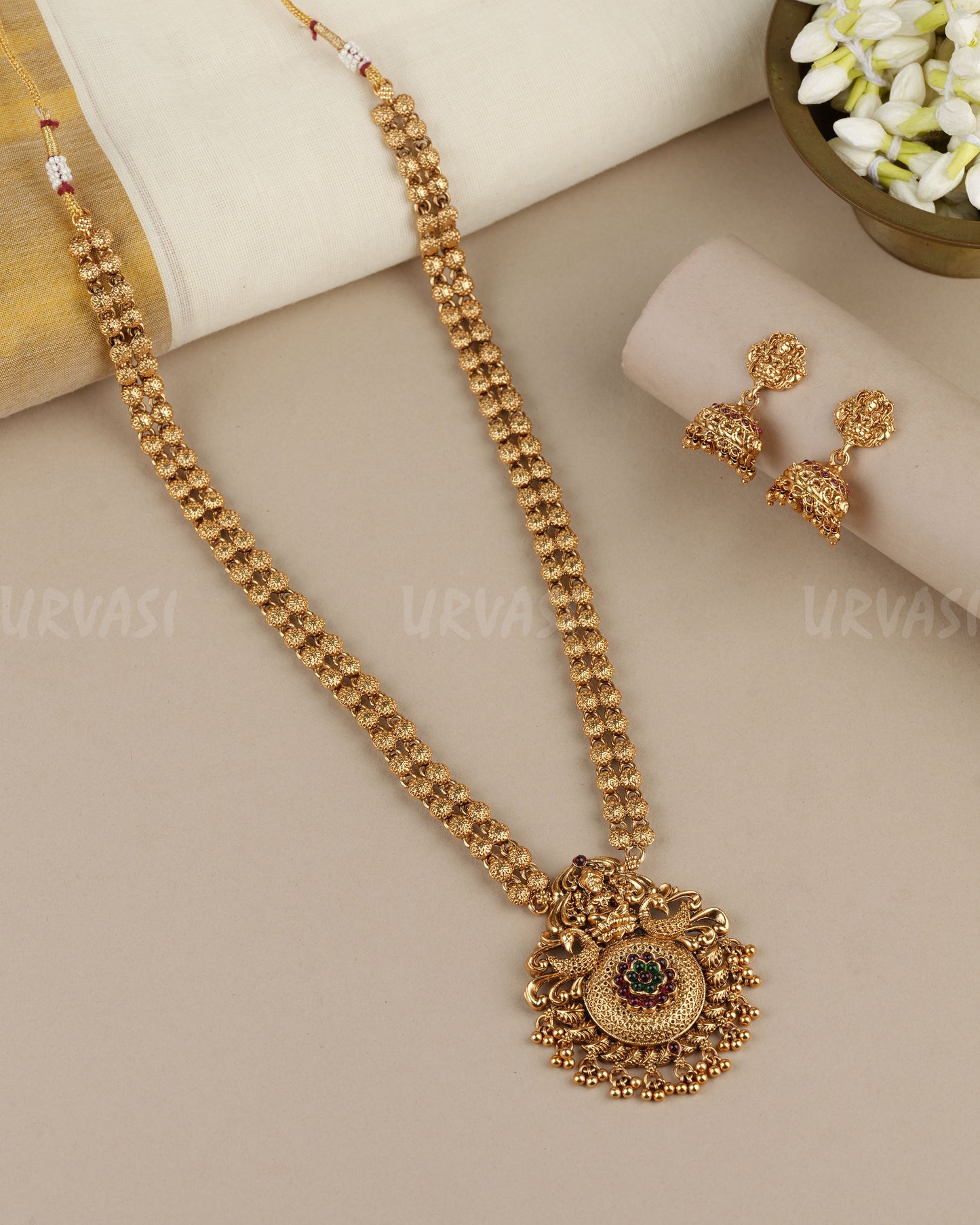 Gold-Toned  Floral Traditional Lakshmi Peacock Pendant Long Necklace 1893