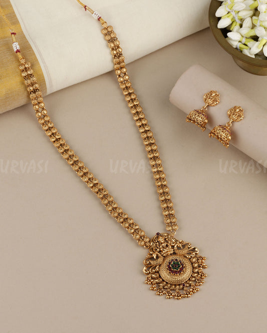 Gold-Toned  Floral Traditional Lakshmi Peacock Pendant Long Necklace 1893