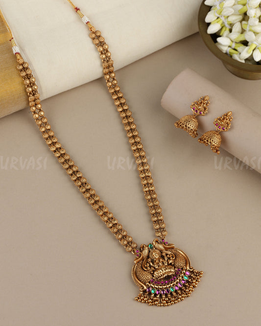 Gold-Toned Traditional Lakshmi Peacock  Pendent  Long Necklace  1892