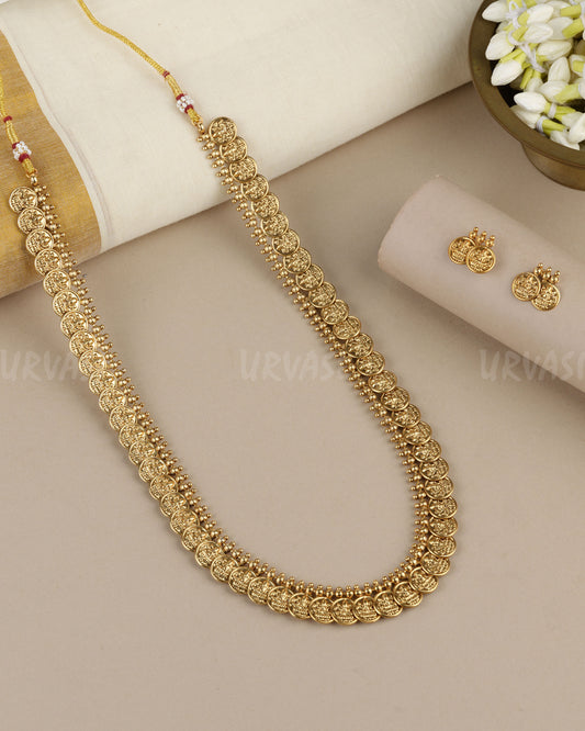 Gold-Toned Traditional Lakshmi Kaasu Long Necklace 1891