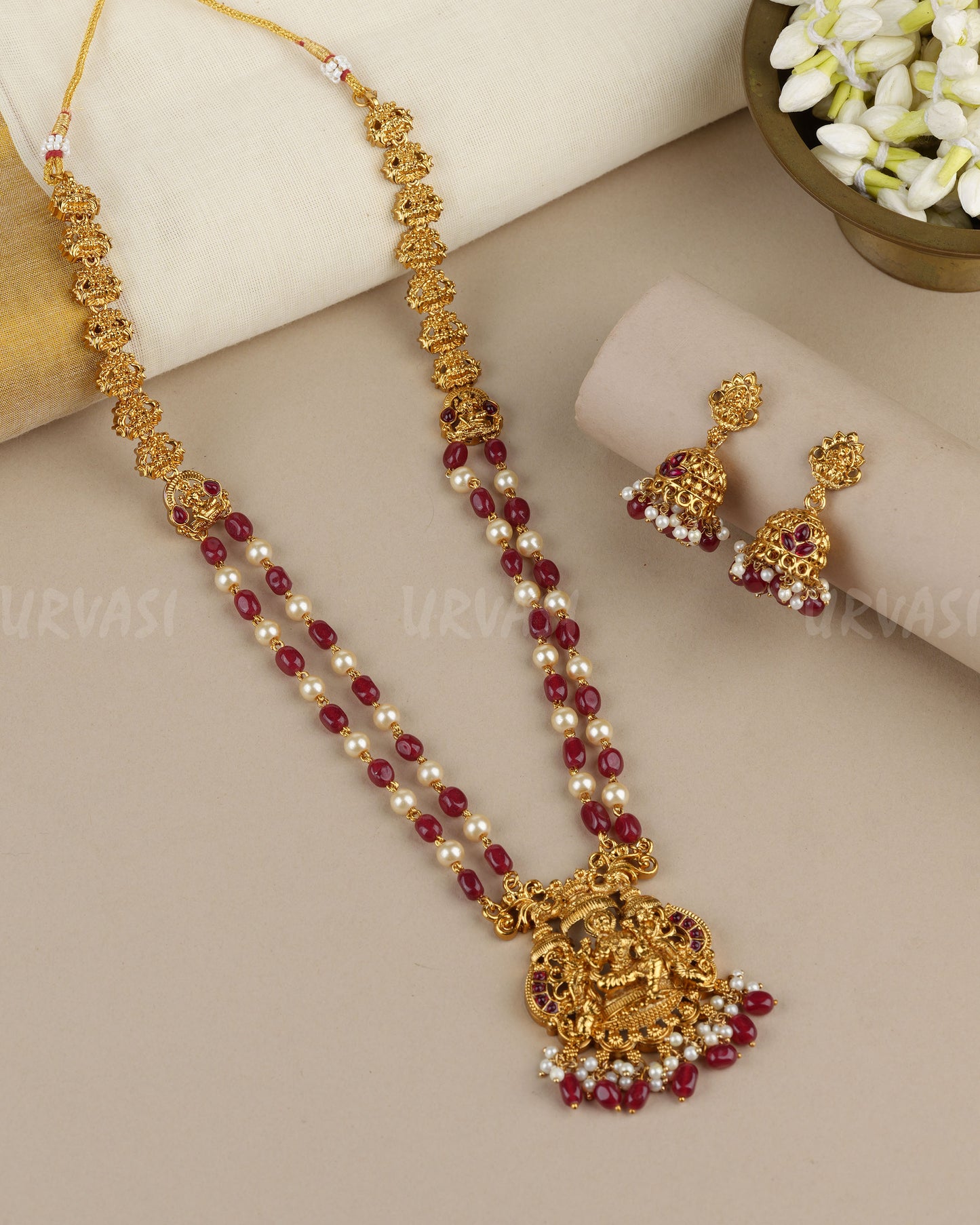 Gold-Toned Traditional Lakshmi Peacock Pendent Two-Layer Long Necklace 1889