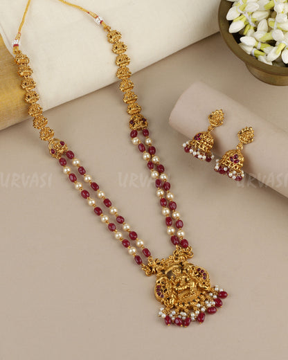 Gold-Toned Traditional Lakshmi Peacock Pendent Two-Layer Long Necklace 1889