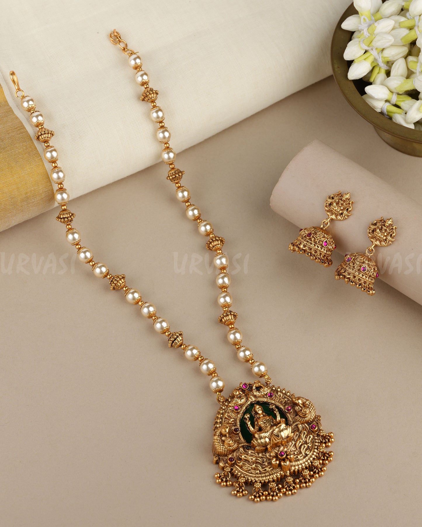 Gold-Toned Traditional Lakshmi Peacock  Pendent Long Necklace 1888