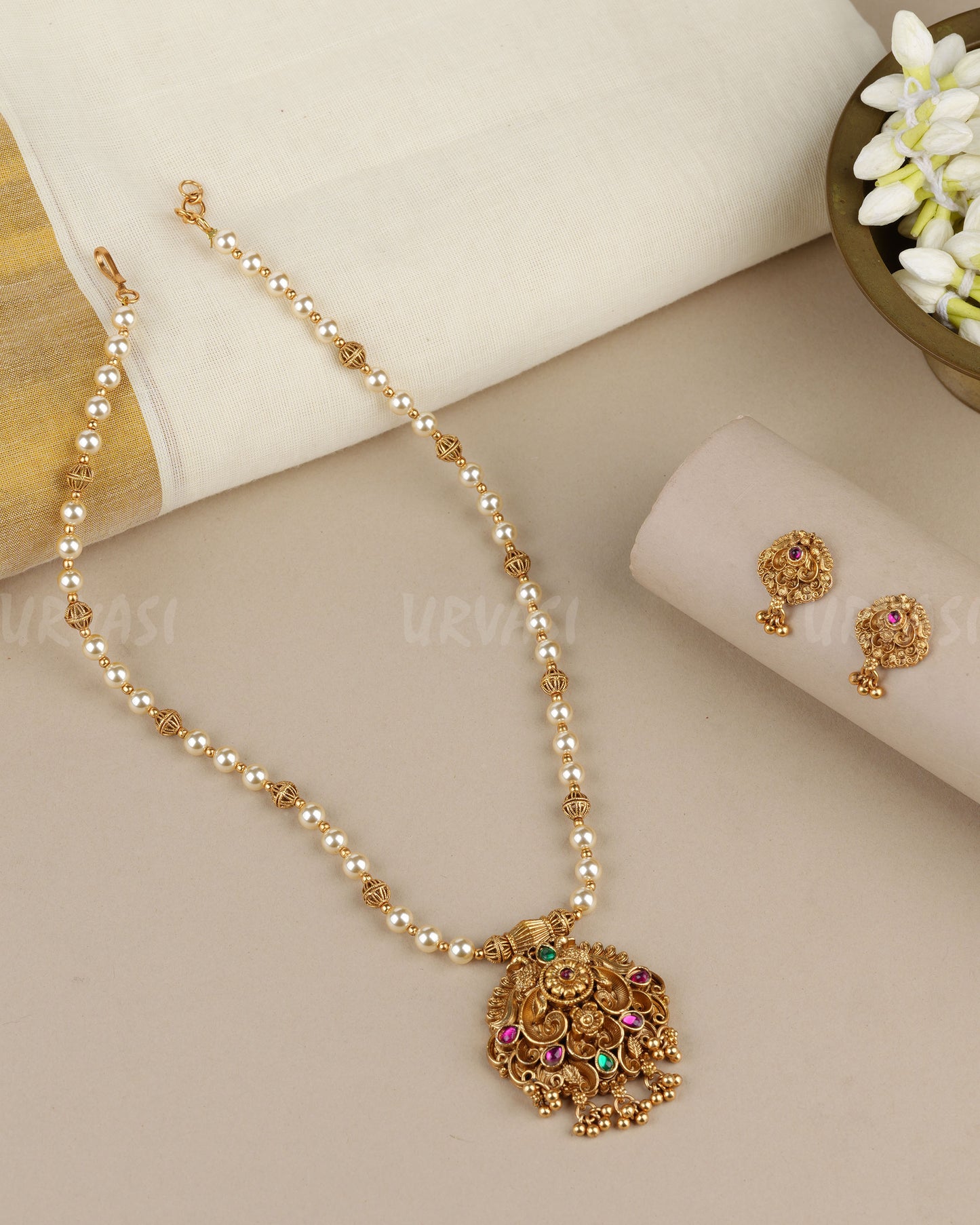 Gold-Toned Floral  Peacock Pendent Long Necklace  1886