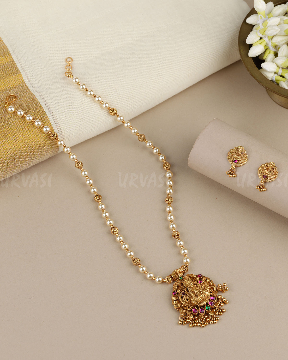Gold-Toned Traditional Lakshmi Peacock Pendant Long Necklace 1885