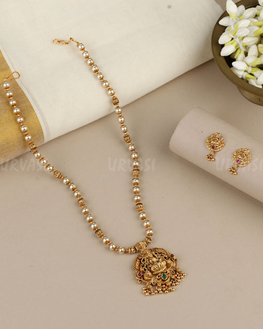 Gold-Toned Traditional  Lakshmi Peacock Pendent Long Necklace 1884