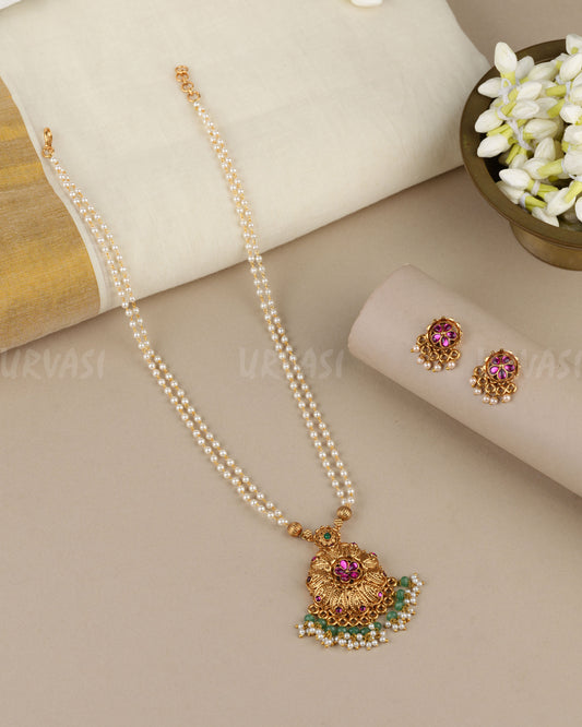 Gold-Toned Floral Pearl Beaded  Two-Legear Long Pendent Necklace 1883
