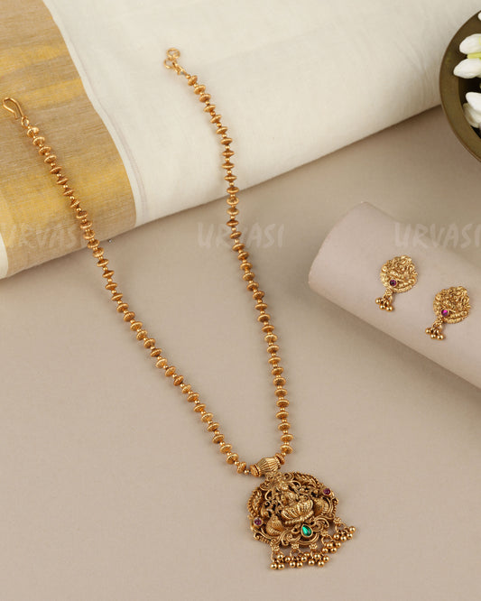 Gold-Toned Traditional Lakshmi Peacock Pendant Long Necklace 1880